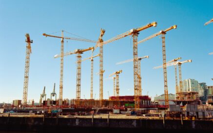 a bunch of cranes that are next to a body of water
